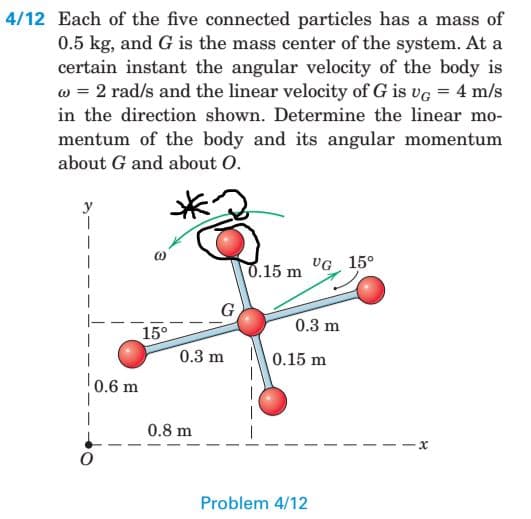 4/12 Each of the five connected particles has a mass of
0.5 kg, and G is the mass center of the system. At a
certain instant the angular velocity of the body is
w = 2 rad/s and the linear velocity of G is vg = 4 m/s
in the direction shown. Determine the linear mo-
mentum of the body and its angular momentum
about G and about O.
0.15 m UG 15°
G
0.3 m
15°
0.3 m
0.15 m
0.6 m
0.8 m
Problem 4/12

