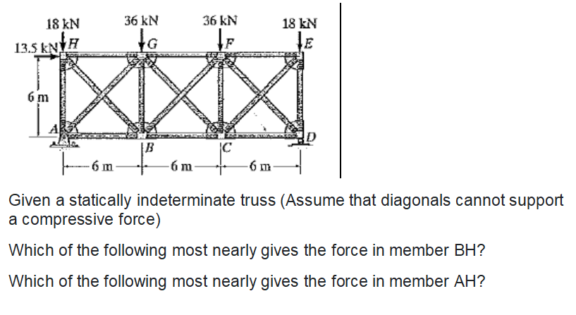 18 kN
36 kN
36 kN
18 kN
13.5 KNYH
to
6 m
A
|B
-6 m
IC
6 m
-6 m
Given a statically indeterminate truss (Assume that diagonals cannot support
a compressive force)
Which of the following most nearly gives the force in member BH?
Which of the following most nearly gives the force in member AH?
