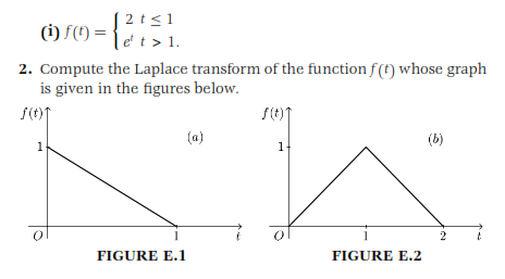 (2 t<1
let > 1.
(i) f(1) =
2. Compute the Laplace transform of the function f (t) whose graph
is given in the figures below.
f(t)f
(a)
(b)
1
1-
FIGURE E.1
FIGURE E.2
2.
