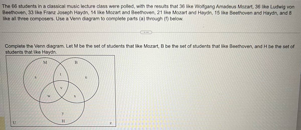 The 66 students in a classical music lecture class were polled, with the results that 36 like Wolfgang Amadeus Mozart, 36 like Ludwig von
Beethoven, 33 like Franz Joseph Haydn, 14 like Mozart and Beethoven, 21 like Mozart and Haydn, 15 like Beethoven and Haydn, and 8
like all three composers. Use a Venn diagram to complete parts (a) through (f) below.
Complete the Venn diagram. Let M be the set of students that like Mozart, B be the set of students that like Beethoven, and H be the set of
students that like Haydn.
U
S
M
W
t
V
y
H
B
u