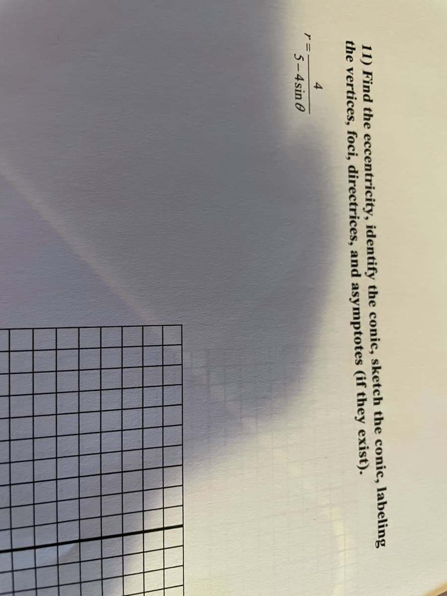 11) Find the eccentricity, identify the conic, sketch the conic, labeling
the vertices, foci, directrices, and asymptotes (if they exist).
4.
5-4sin 0
