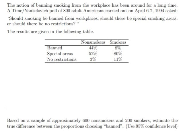 The notion of banning smoking from the workplace has been around for a long time.
A Time/Yankelovich poll of 800 adult Americans carried out on April 6-7, 1994 asked:
"Should smoking be banned from workplaces, should there be special smoking areas,
or should there be no restrictions? "
The results are given in the following table.
Nonsmokers Smokers
44%
8%
Banned
Special areas
52%
80%
No restrictions
3%
11%
Based on a sample of approximately 600 nonsmokers and 200 smokers, estimate the
true difference between the proportions choosing "banned". (Use 95% confidence level)
