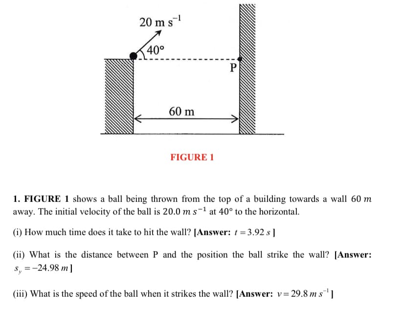 20 m s
40°
P
60 m
FIGURE 1
1. FIGURE 1 shows a ball being thrown from the top of a building towards a wall 60 m
away. The initial velocity of the ball is 20.0 m s-1 at 40° to the horizontal.
(i) How much time does it take to hit the wall? [Answer: t = 3.92 s ]
(ii) What is the distance between P and the position the ball strike the wall? [Answer:
s,
=-24.98 m]
(iii) What is the speed of the ball when it strikes the wall? [Answer: v= 29.8 m s
