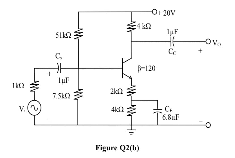 1kΩ
Vi
+
51kΩ
Cs
1μF
7.5kΩ
2ΚΩ
4ΚΩ
O+ 20V
54 ΚΩ
4
β=120
Figure Q2(b)
1μµF
Η
Ce
CE
6.8uF
+
-O Vo