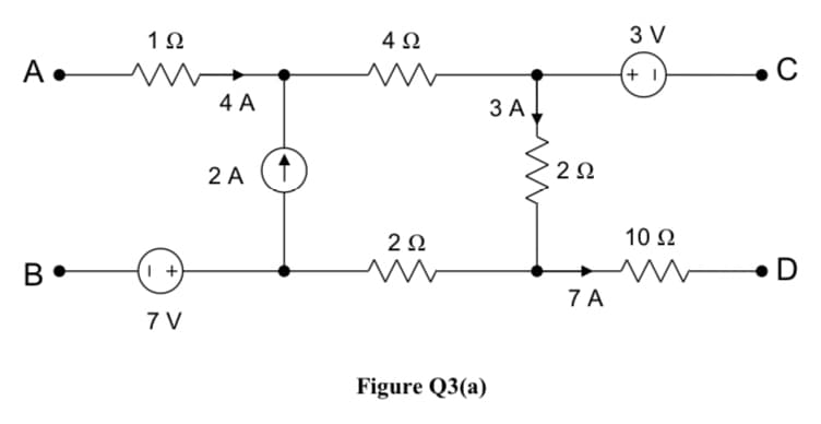 1Ω
4Ω
3 V
C
4 A
ЗА,
2 A
2Ω
10 Ω
( +
D
7 A
7 V
Figure Q3(a)
