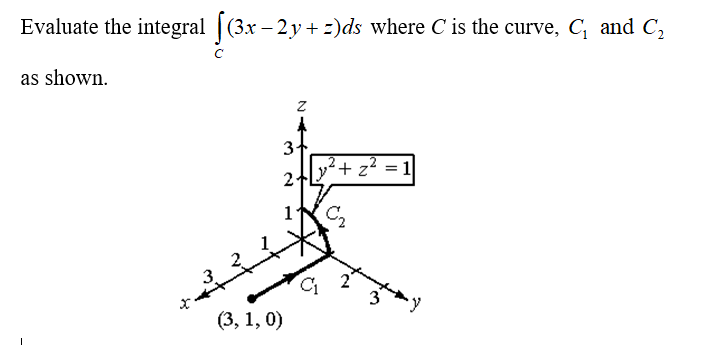 Evaluate the integral | (3.x – 2y + z)ds where C is the curve, C, and C,
as shown.
3
+ z²
2
1
C2
3
(3, 1, 0)
