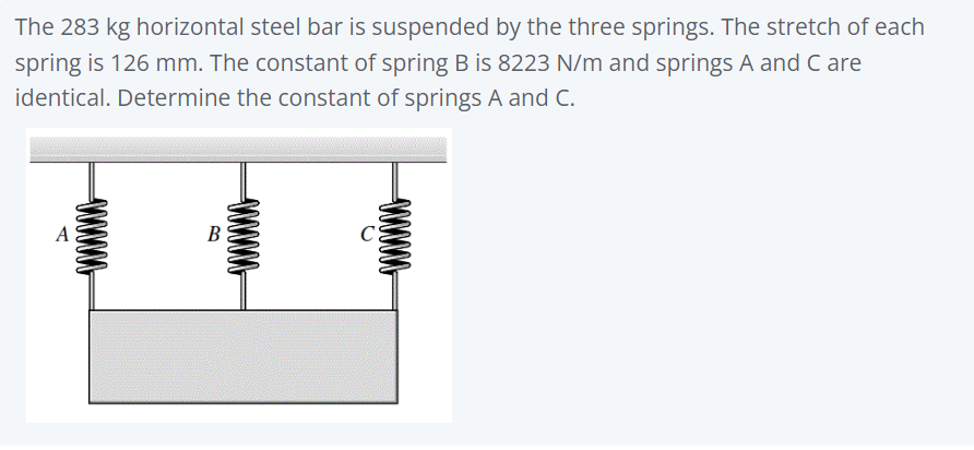 The 283 kg horizontal steel bar is suspended by the three springs. The stretch of each
spring is 126 mm. The constant of spring B is 8223 N/m and springs A and C are
identical. Determine the constant of springs A and C.
В
www

