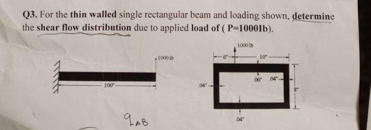 Q3. For the thin walled single rectangular beam and loading shown, determine
the shear flow distribution due to applied load of (P=10001b).
100"
дав
1000 lb
04"
1000 lb
.04"
10⁰
.06"
04
8"