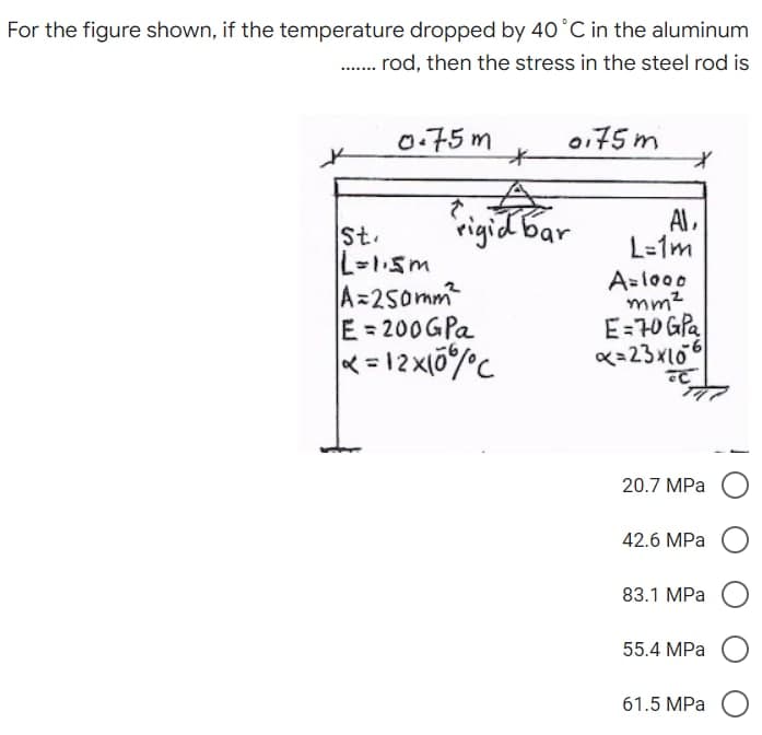 For the figure shown, if the temperature dropped by 40 °C in the aluminum
........ rod, then the stress in the steel rod is
0.75m
0175m
*
*
rigid bar
St.
|L=1.5m
A=250mm²
E=200GPa
x=12×10%C
Al,
L=1m
A=1000
mm²
E=70 GPa
x=23x10
TC
20.7 MPa
42.6 MPa
83.1 MPa
55.4 MPa O
61.5 MPa O