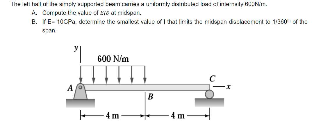 The left half of the simply supported beam carries a uniformly distributed load of internsity 600N/m.
A. Compute the value of EIS at midspan.
B.
If E= 10GPa, determine the smallest value of I that limits the midspan displacement to 1/360th of the
span.
600 N/m
AO
x
4 m
B
-4 m