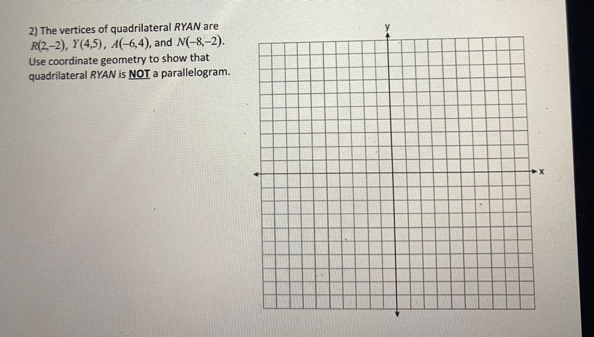 2) The vertices of quadrilateral RYAN are
R(2,-2), Y(4,5), A(-6,4), and N(-8,-2).
Use coordinate geometry to show that
quadrilateral RYAN is NOT a parallelogram.
