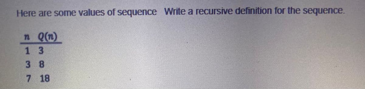 Here are some values of sequence Write a recursive definition for the sequence.
n Q(n)
1 3
38
7 18
