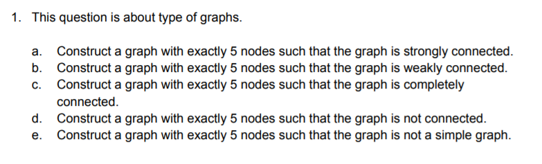 1. This question is about type of graphs.
a. Construct a graph with exactly 5 nodes such that the graph is strongly connected.
b. Construct a graph with exactly 5 nodes such that the graph is weakly connected.
c. Construct a graph with exactly 5 nodes such that the graph is completely
connected.
d. Construct a graph with exactly 5 nodes such that the graph is not connected.
e. Construct a graph with exactly 5 nodes such that the graph is not a simple graph.
