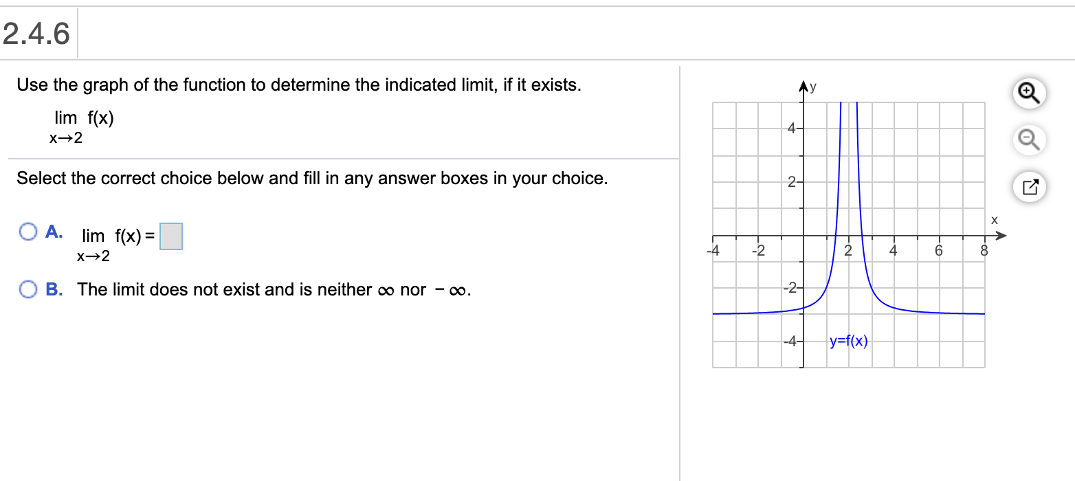 2.4.6
Use the graph of the function to determine the indicated limit, if it exists.
Ay
lim f(x)
4-
Select the correct choice below and fill in any answer boxes in your choice.
2-
O A. lim f(x) =|
-4
-2
4
B. The limit does not exist and is neither o nor - o.
-2-
y=f(x}
-4-
of
