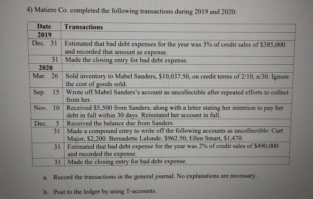 4) Matiere Co. completed the following transactions during 2019 and 2020:
Date
Transactions
2019
Dec. 31
Estimated that bad debt expenses for the year was 3% of credit sales of $385,000
and recorded that amount as expense.
31 Made the closing entry for bad debt expense.
2020
Mar. 26 Sold inventory to Mabel Sanders, $10,037.50, on credit terms of 2/10, n/30. Ignore
the cost of goods sold.
Sep. 15 Wrote off Mabel Sanders's account as uncollectible after repeated efforts to collect
from her.
Nov. 10 Received $5,500 from Sanders, along with a letter stating her intention to pay her
debt in full within 30 days. Reinstated her account in full.
Received the balance due from Sanders.
Dec.
31 Made a compound entry to write off the following accounts as uncollectible: Curt
Major, $2,200. Bernadette Lalonde, $962.50; Ellen Smart, $1,470.
31 Estimated that bad debt expense for the year was 2% of credit sales of $490,000
and recorded the expense.
Made the closing entry for bad debt expense.
31
a. Record the transactions in the general journal. No explanations are necessary.
b. Post to the ledger by using T-accounts.
