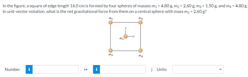 In the figure, a square of edge length 16.0 cm is formed by four spheres of masses m1 = 4.80 g, m2 = 2.60 g, m3 = 1.50 g, and m4 = 4.80 g.
In unit-vector notation, what is the net gravitational force from them on a central sphere with mass m5 = 2.60 g?
Number
i
i+
i
į Units
