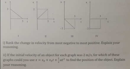 2.
3.
II
IV
i) Rank the change in velocity from most negative to most positive. Explain your
reasoning.
ii) If the initial velocity of an object for each graph was 2 m/s, for which of these
graphs could you use x = X, + Vgt + -at² to find the position of the object. Explain
your reasoning.
