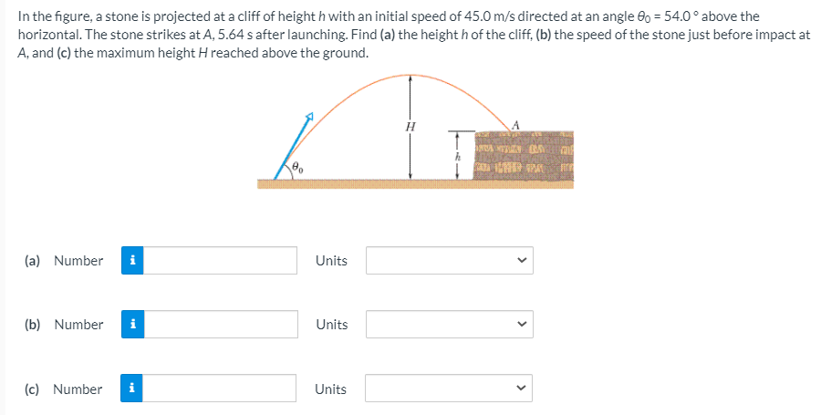 In the figure, a stone is projected at a cliff of height h with an initial speed of 45.0 m/s directed at an angle 0 = 54.0 ° above the
horizontal. The stone strikes at A, 5.64 s after launching. Find (a) the height h of the cliff, (b) the speed of the stone just before impact at
A, and (c) the maximum height H reached above the ground.
PATA PA
(a) Number
i
Units
(b) Number
i
Units
(c) Number
Units
>
>
