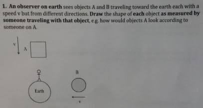 1. An observer on earth sees objects A and B traveling toward the earth each with a
speed v but from different directions. Draw the shape of each object as measured by
someone traveling with that object, eg. how would objects A look according to
someone on A.
Earth
