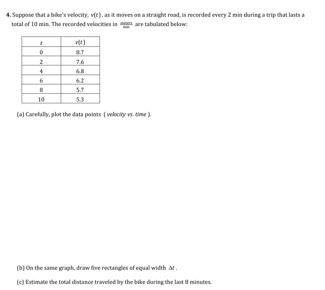 Suppose that a bike's velocity, v(t), as it moves on a straight road, is recorded every 2 min during a trip that lasts a
total of 10 min. The recorded velocities in meters are tabulated below:
min
v(t)
8.7
7.6
4
6.8
6.2
5.7
10
5.3
(a) Carefully, plot the data points (velocity vs. time ).
(b) On the same graph, draw five rectangles of equal width At.
(c) Estimate the total distance traveled by the bike during the last 8 minutes.
