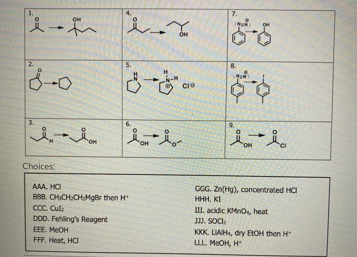 OH
i-t
2.
O
-0
ii
Choices:
منو
5.
OH
AAA. HCI
BBB. CH3CH₂CH₂MgBr then H+
CCC. Cul₂
DDD. Fehling's Reagent
EEE. MeOH
FFF. Heat, HCI
OH
N
N-H
Avio-
OH
CIO
7.
8.
N=N:
OH
-$
love ha
OH
GGG. Zn(Hg), concentrated HCI
HHH. KI
III. acidic KMnO4, heat
JJJ. SOCI₂
KKK. LIAIH4, dry EtOH then H+
LLL. MeOH, H+
2