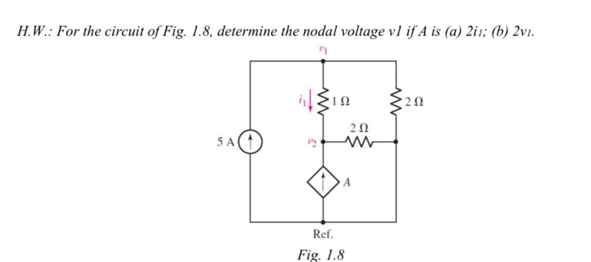 H.W.: For the circuit of Fig. 1.8, determine the nodal voltage vl if A is (a) 2i1; (b) 2v1.
20
5 A
Ref.
Fig. 1.8
