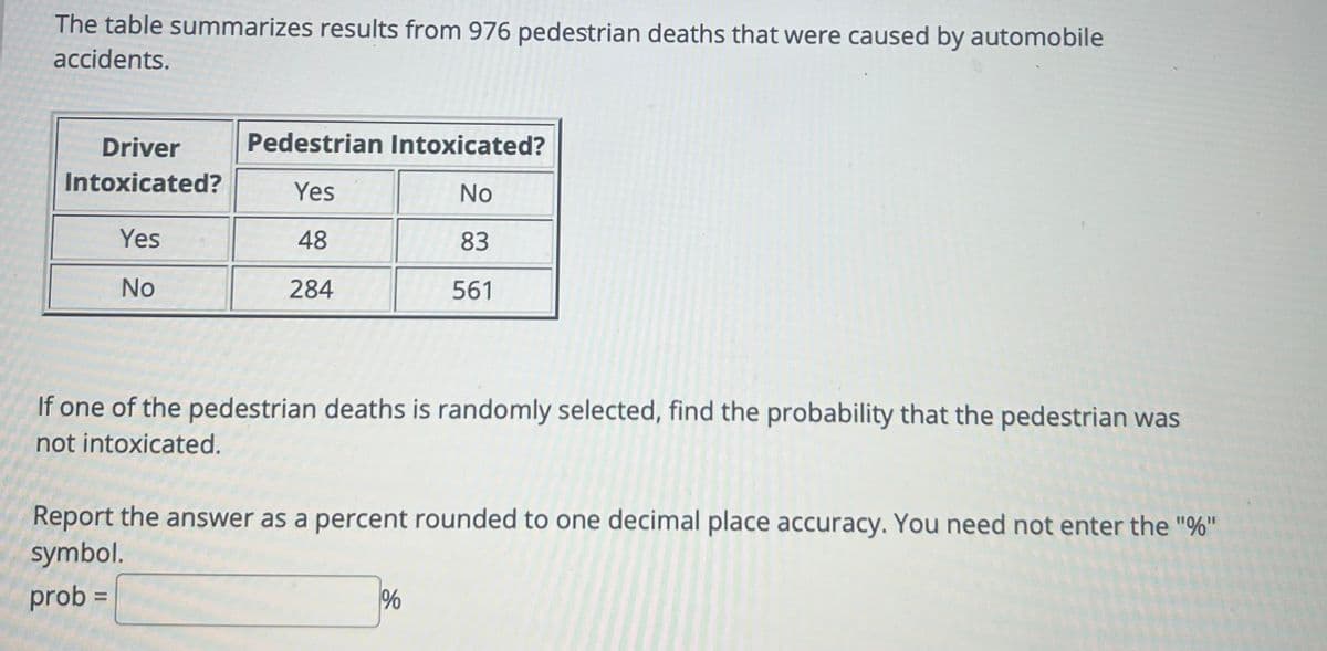 The table summarizes results from 976 pedestrian deaths that were caused by automobile
accidents.
Driver
Intoxicated?
Yes
No
Pedestrian Intoxicated?
Yes
No
48
83
284
561
If one of the pedestrian deaths is randomly selected, find the probability that the pedestrian was
not intoxicated.
Report the answer as a percent rounded to one decimal place accuracy. You need not enter the "%"
symbol.
prob =
%