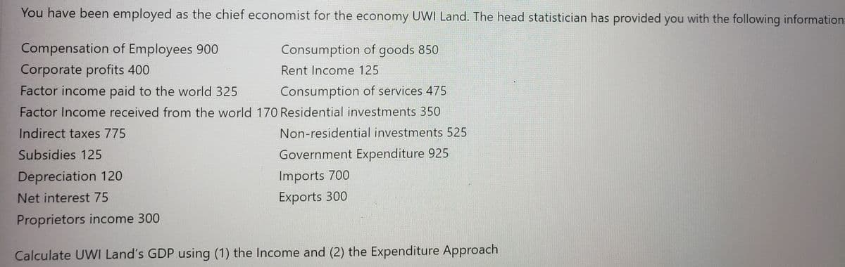 You have been employed as the chief economist for the economy UWI Land. The head statistician has provided you with the following information:
Compensation of Employees 900
Consumption of goods 850
Corporate profits 400
Rent Income 125
Consumption of services 475
Factor Income received from the world 170 Residential investments 350
Factor income paid to the world 325
Indirect taxes 775
Non-residential investments 525
Subsidies 125
Government Expenditure 925
Depreciation 120
Imports 700
Net interest 75
Exports 300
Proprietors income 300
Calculate UWI Land's GDP using (1) the Income and (2) the Expenditure Approach
