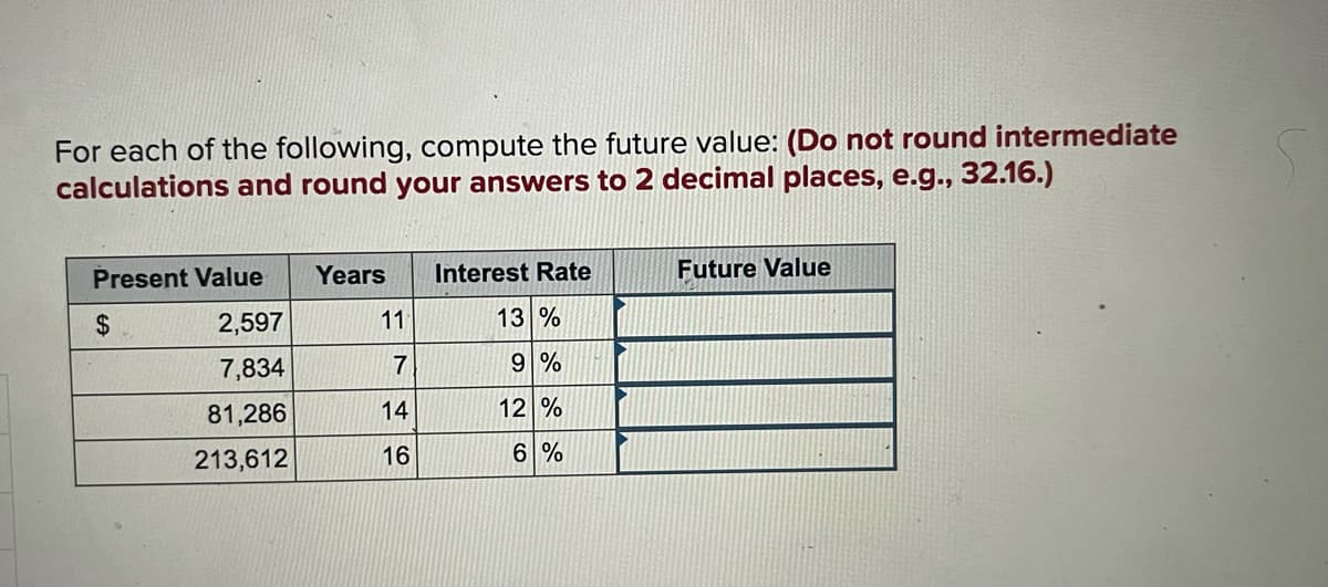 For each of the following, compute the future value: (Do not round intermediate
calculations and round your answers to 2 decimal places, e.g., 32.16.)
Present Value
Years
Interest Rate
Future Value
2$
2,597
11
13 %
7,834
9%
81,286
14
12 %
213,612
16
6 %
