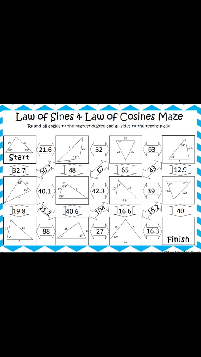 Law of Sines Law of Cosines Maze
Round all angles to the nearest degree and all sides to the tenths place
26
21.6
52
63
19.1
Start
28
111
34
56
|32.7
48
50.3
65
43
12.9
60
x"
61
40.1
54
14
42.3
10
39
166
123
40.6
(21.2)
104
9.6
|19.8
]16.6
40
16.2
12
16
18
15
88
27
16.3
49
62
Finish
17
