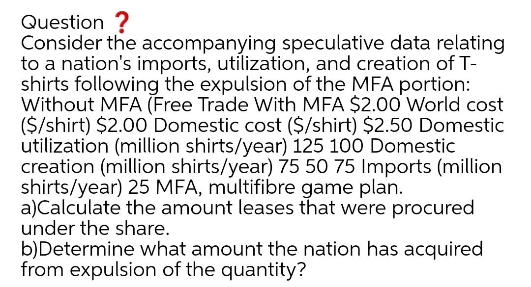 Question ?
Consider the accompanying speculative data relating
to a nation's imports, utilization, and creation of T-
shirts following the expulsion of the MFA portion:
Without MFA (Free Trade With MFA $2.00 World cost
($/shirt) $2.00 Domestic cost ($/shirt) $2.50 Domestic
utilization (million shirts/year) 125 100 Domestic
creation (million shirts/year) 75 50 75 Imports (million
shirts/year) 25 MFA, multifibre game plan.
a)Calculate the amount leases that were procured
under the share.
b)Determine what amount the nation has acquired
from expulsion of the quantity?
