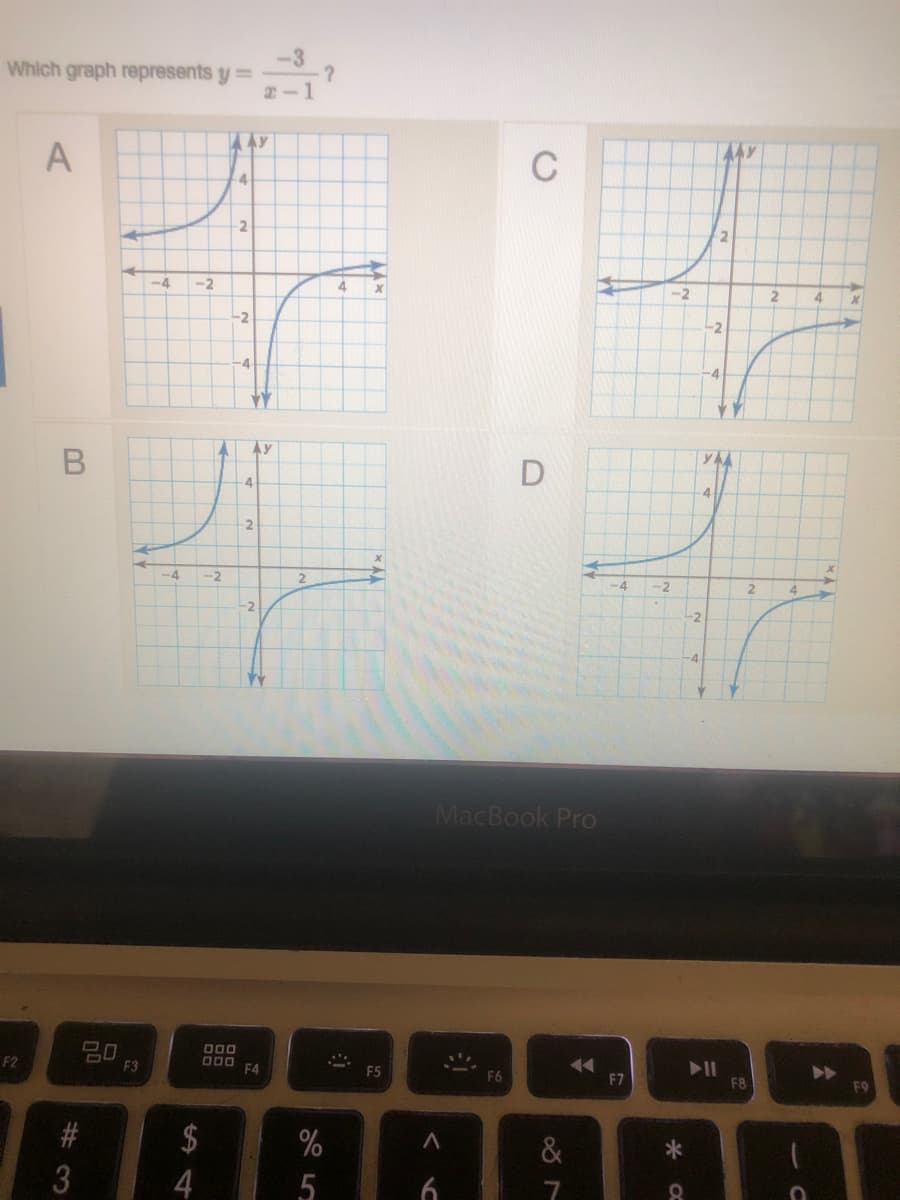Which graph represents y=
-1
C
4.
-2
-4
-2
-2
4.
-2.
-2
-4
4
-4
-2
4
-2
-2
-2
MacBook Pro
20
F3
D00
000 EA
F2
F5
F6
F7
F8
F9
#3
$
&
3
4
