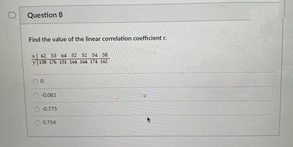 Question 8
Find the value of the linear correlation coefficient r.
62 53 64 52 52 54 58
v 158 176 151 164 164 174 162
-0.081
-0.775
0.754
