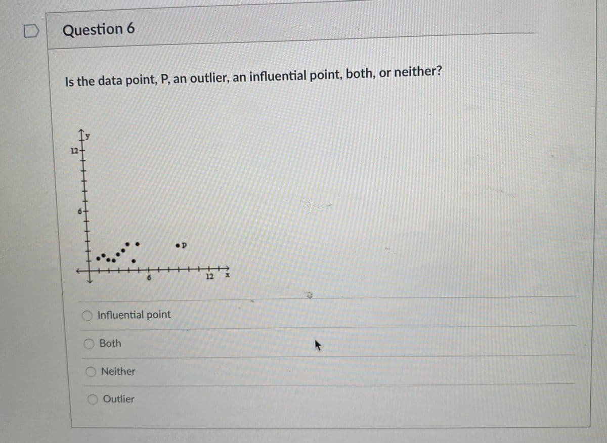 Question 6
Is the data point, P, an outlier, an influential point, both, or neither?
12
•P
12 X
Influential point
Both
Neither
Outlier
