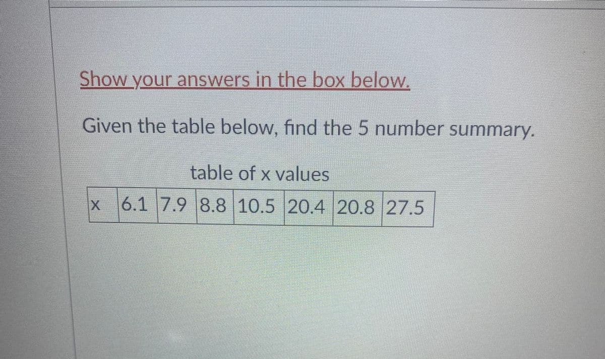 Show your answers in the box below.
Given the table below, find the 5 number summary.
table of x values
X
x 6.1 7.9 8.8 10.5 20.4 20.8 27.5