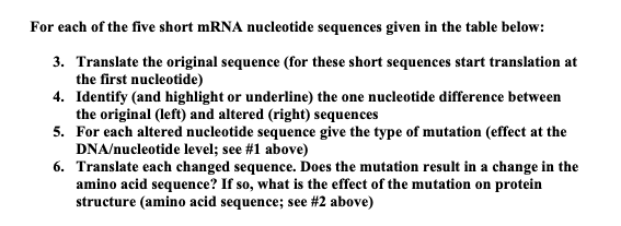 For each of the five short mRNA nucleotide sequences given in the table below:
3. Translate the original sequence (for these short sequences start translation at
the first nucleotide)
4. Identify (and highlight or underline) the one nucleotide difference between
the original (left) and altered (right) sequences
5. For each altered nucleotide sequence give the type of mutation (effect at the
DNA/nucleotide level; see #1 above)
6. Translate each changed sequence. Does the mutation result in a change in the
amino acid sequence? If so, what is the effect of the mutation on protein
structure (amino acid sequence; see #2 above)
