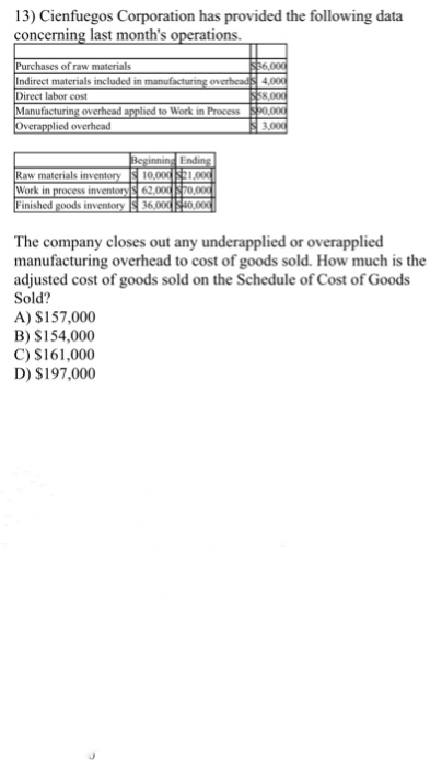 13) Cienfuegos Corporation has provided the following data
concerning last month's operations.
Purchases of raw materials
$36,000
Indirect materials included in manufacturing overheads 4,000
Direct labor cost
$58,000
Manufacturing overhead applied to Work in Process $90,000
Overapplied overhead
3,000
Raw materials inventory
Work in process inventory
Finished goods inventory
A) $157,000
B) $154,000
Beginning Ending
10,000 $21,000
The company closes out any underapplied or overapplied
manufacturing overhead to cost of goods sold. How much is the
adjusted cost of goods sold on the Schedule of Cost of Goods
Sold?
C) $161,000
D) $197,000
62,000 $70,000
36,000 $40,000