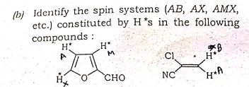(b) Identify the spin systems (AB, AX, AMX,
etc.) constituted by H *s in the following
compounds :
H"
CI
Сно
NC
