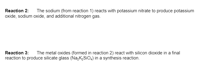 Reaction 2: The sodium (from reaction 1) reacts with potassium nitrate to produce potassium
oxide, sodium oxide, and additional nitrogen gas.
Reaction 3: The metal oxides (formed in reaction 2) react with silicon dioxide in a final
reaction to produce silicate glass (Na₂K₂SiO₂) in a synthesis reaction.
