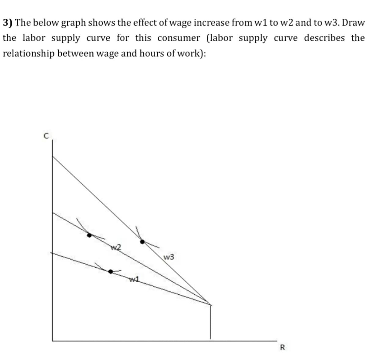 3) The below graph shows the effect of wage increase from w1 to w2 and to w3. Draw
the labor supply curve for this consumer (labor supply curve describes the
relationship between wage and hours of work):
w3
