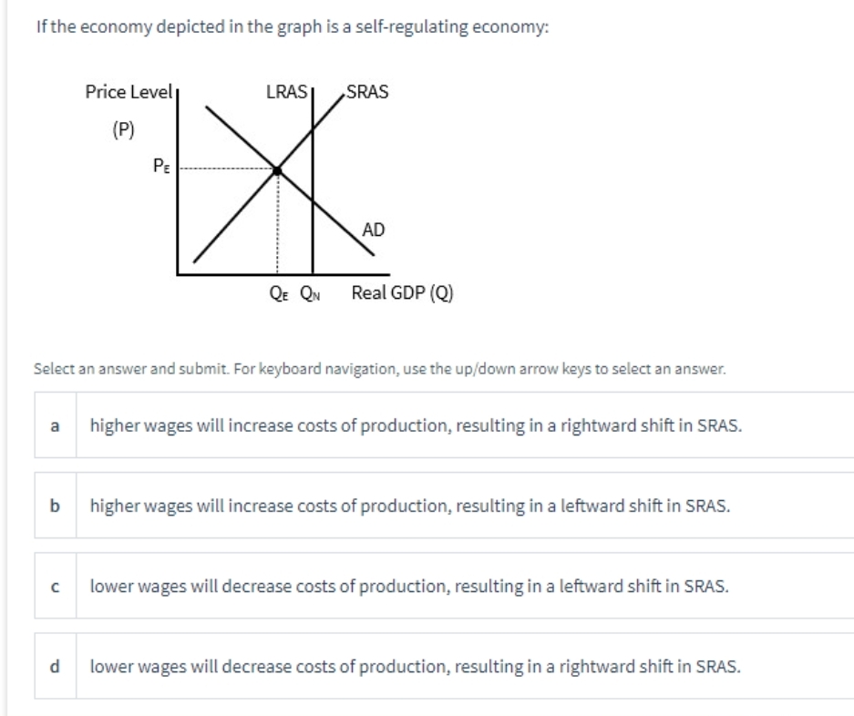 If the economy depicted in the graph is a self-regulating economy:
Price Level
LRASI
SRAS
(P)
PE
AD
QE QN
Real GDP (Q)
Select an answer and submit. For keyboard navigation, use the up/down arrow keys to select an answer.
a
higher wages will increase costs of production, resulting in a rightward shift in SRAS.
b
higher wages will increase costs of production, resulting in a leftward shift in SRAS.
lower wages will decrease costs of production, resulting in a leftward shift in SRAS.
d.
lower wages will decrease costs of production, resulting in a rightward shift in SRAS.
