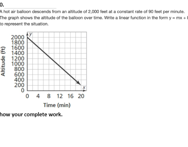 0.
A hot air balloon descends from an altitude of 2,000 feet at a constant rate of 90 feet per minute.
The graph shows the altitude of the balloon over time. Write a linear function in the form y = mx +
to represent the situation.
2000
1800
E 1600
1400
1200
1000
800
600
400
200
0 4 8 12 16 20
Time (min)
how your complete work.
Altitude (ft)
