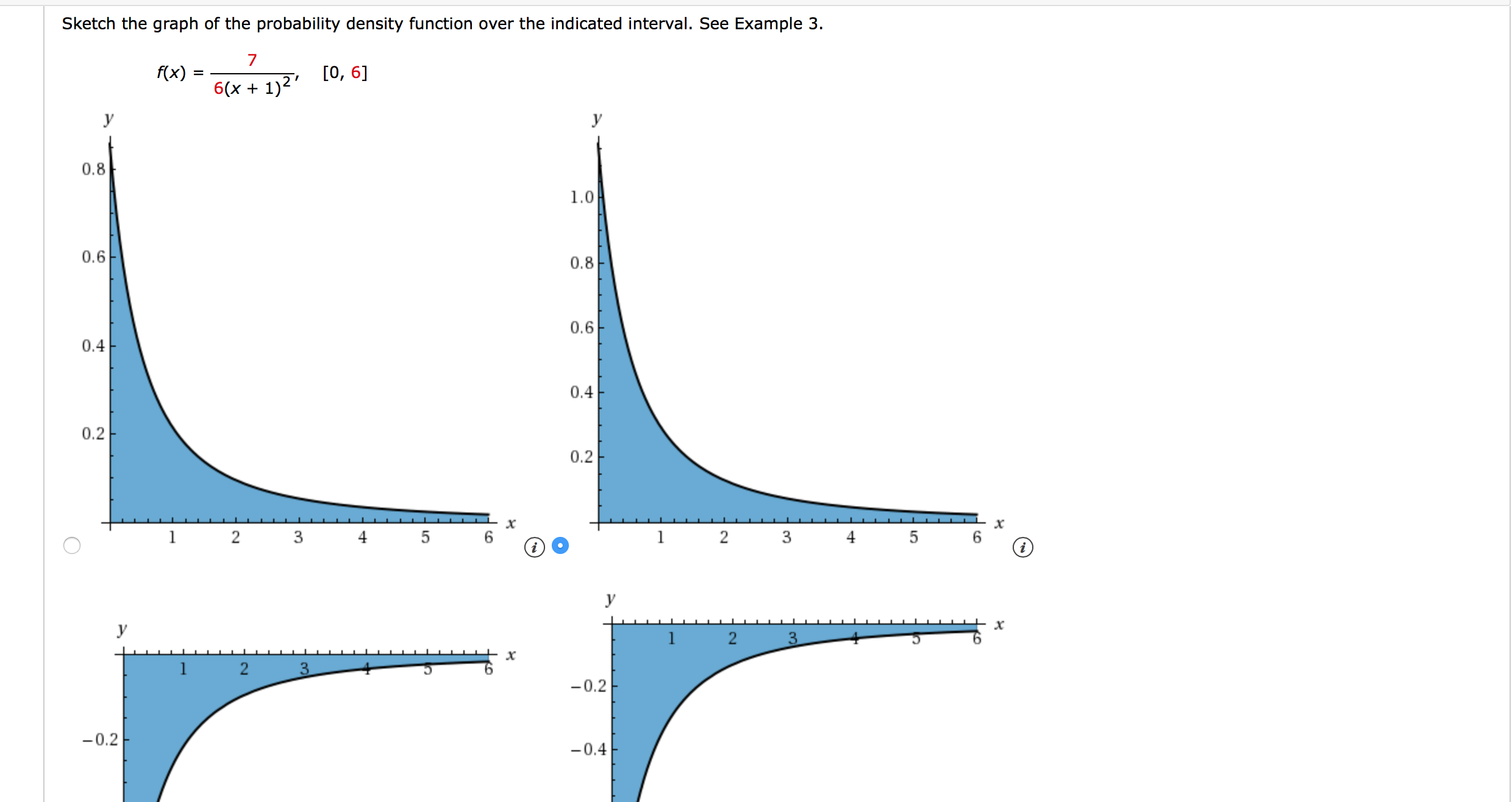Sketch the graph of the probability density function over the indicated interval. See Example 3.
7
f(x)
[0, 6]
6(x + 1)2'

