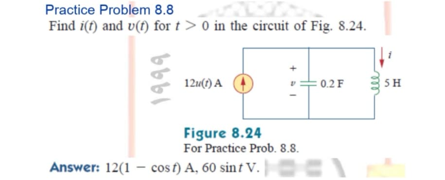 Practice Problem 8.8
Find i(f) and v(f) for t > 0 in the circuit of Fig. 8.24.
12u(1) A
0.2 F
5 H
Figure 8.24
For Practice Prob. 8.8.
Answer: 12(1 – cos f) A, 60 sint V. S
+ AI
