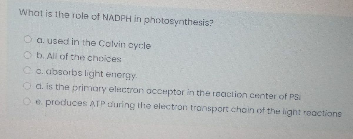 What is the role of NADPH in photosynthesis?
a. used in the Calvin cycle
b. All of the choices
C. absorbs light energy.
d. is the primary electron acceptor in the reaction center of PSI
e. produces ATP during the electron transport chain of the light reactions
