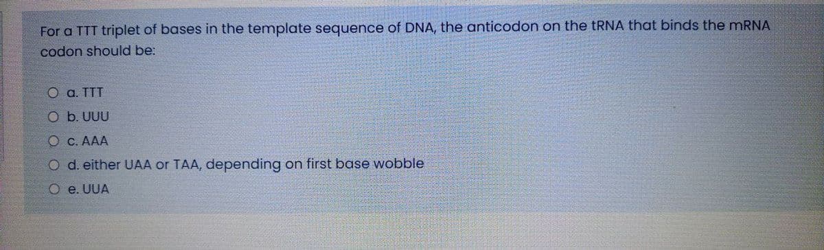 For a TTT triplet of bases in the template sequence of DNA, the anticodon on the TRNA that binds the MRNA
codon should be:
O a. TTT
O b. UUU
O C. AAA
O d. either UAA or TAA, depending on first base wobble
O e. UUA
