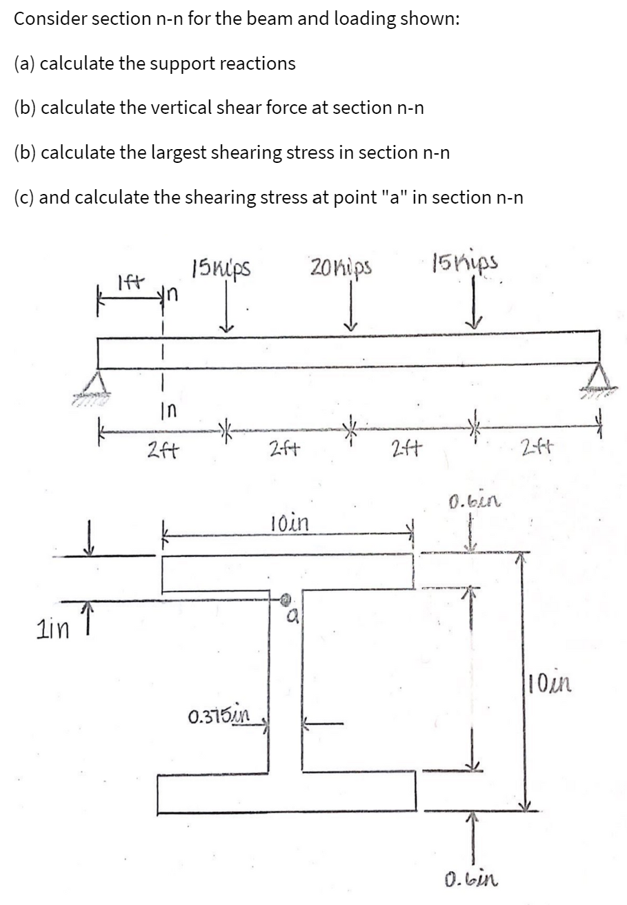Consider section n-n for the beam and loading shown:
(a) calculate the support reactions
(b) calculate the vertical shear force at section n-n
(b) calculate the largest shearing stress in section n-n
(c) and calculate the shearing stress at point "a" in section n-n
15nips
20hips
15hips
Ift
In
2ft
2f+
0.6in
10in
1in
10in
0.315in
0. bin

