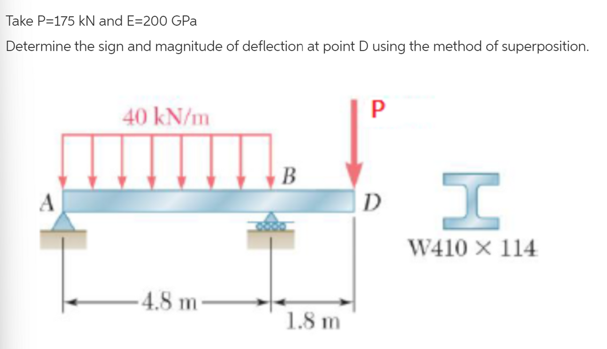 Take P=175 kN and E=200 GPa
Determine the sign and magnitude of deflection at point D using the method of superposition.
P
40 kN/m
B
I
W410 X 114
-4.8 m
1.8 m
D