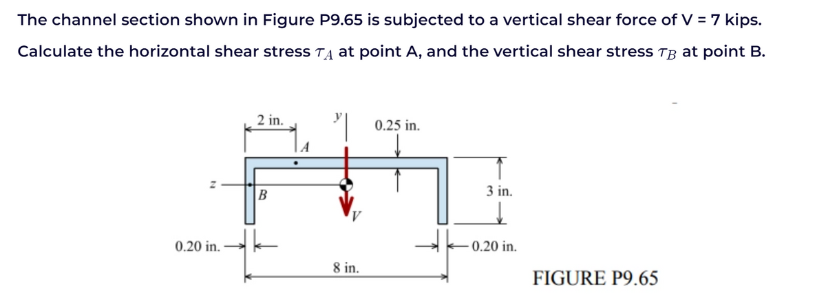 The channel section shown in Figure P9.65 is subjected to a vertical shear force of V = 7 kips.
Calculate the horizontal shear stress TA at point A, and the vertical shear stress TB at point B.
2 in.
0.25 in.
B
3 in.
0.20 in.
-0.20 in.
8 in.
FIGURE P9.65
