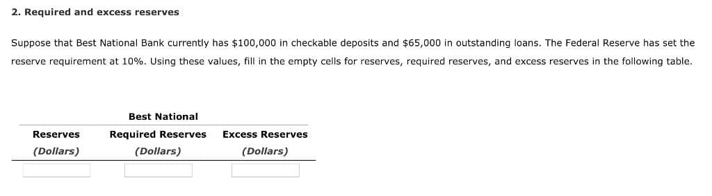 2. Required and excess reserves
Suppose that Best National Bank currently has $100,000 in checkable deposits and $65,000 in outstanding loans. The Federal Reserve has set the
reserve requirement at 10%. Using these values, fill in the empty cells for reserves, required reserves, and excess reserves in the following table.
Best National
Reserves
Required Reserves
Excess Reserves
(Dollars)
(Dollars)
(Dollars)
